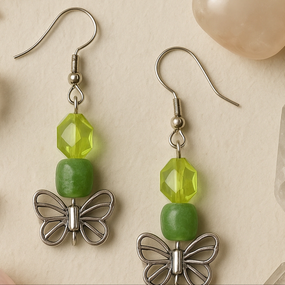 Silver Butterfly Charm Earrings with Peridot Beads